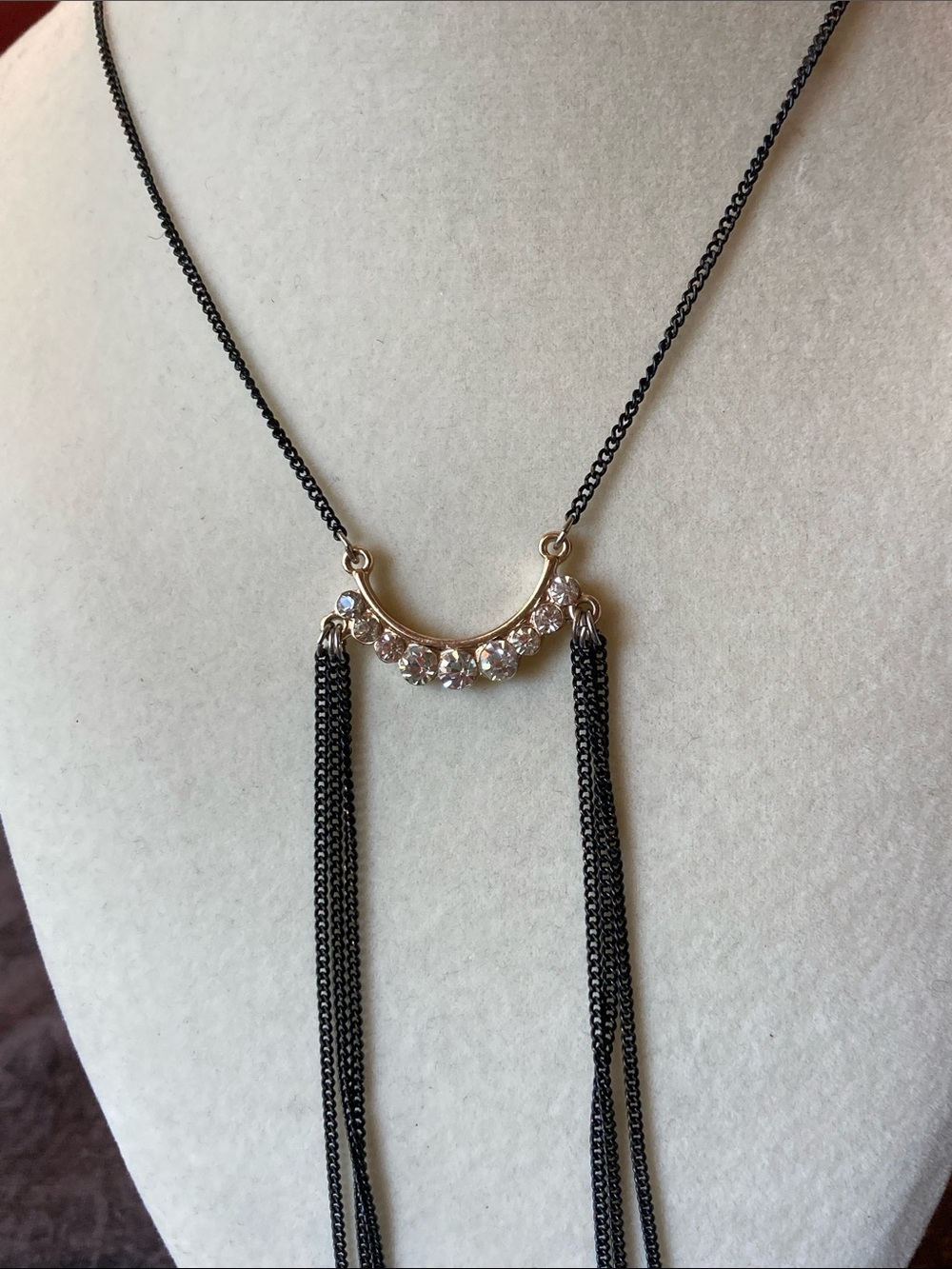 Golden Crescent Pendant Necklace with Black Chain and Crystal Accents